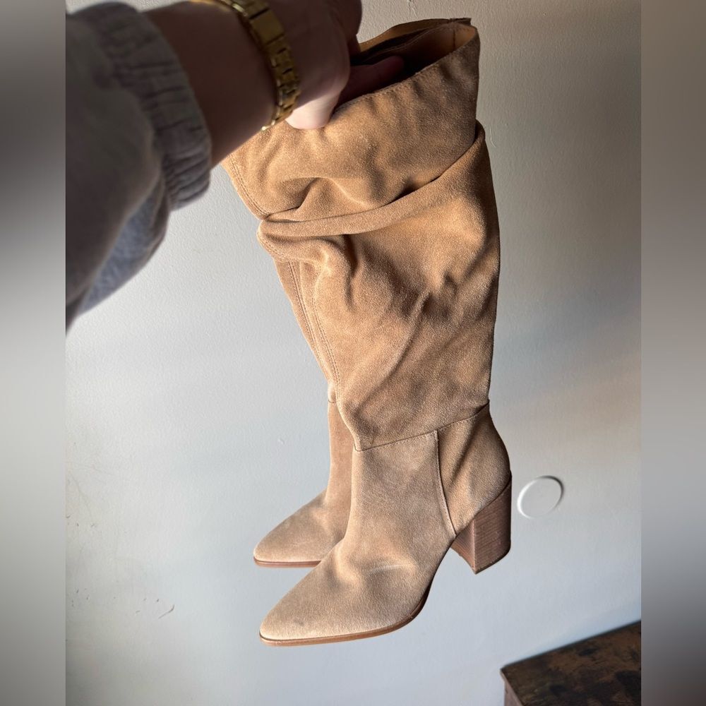 Steve Madden Haimi Tan Suede Slouchy Pointed Toe Boots - Picture 2 of 6